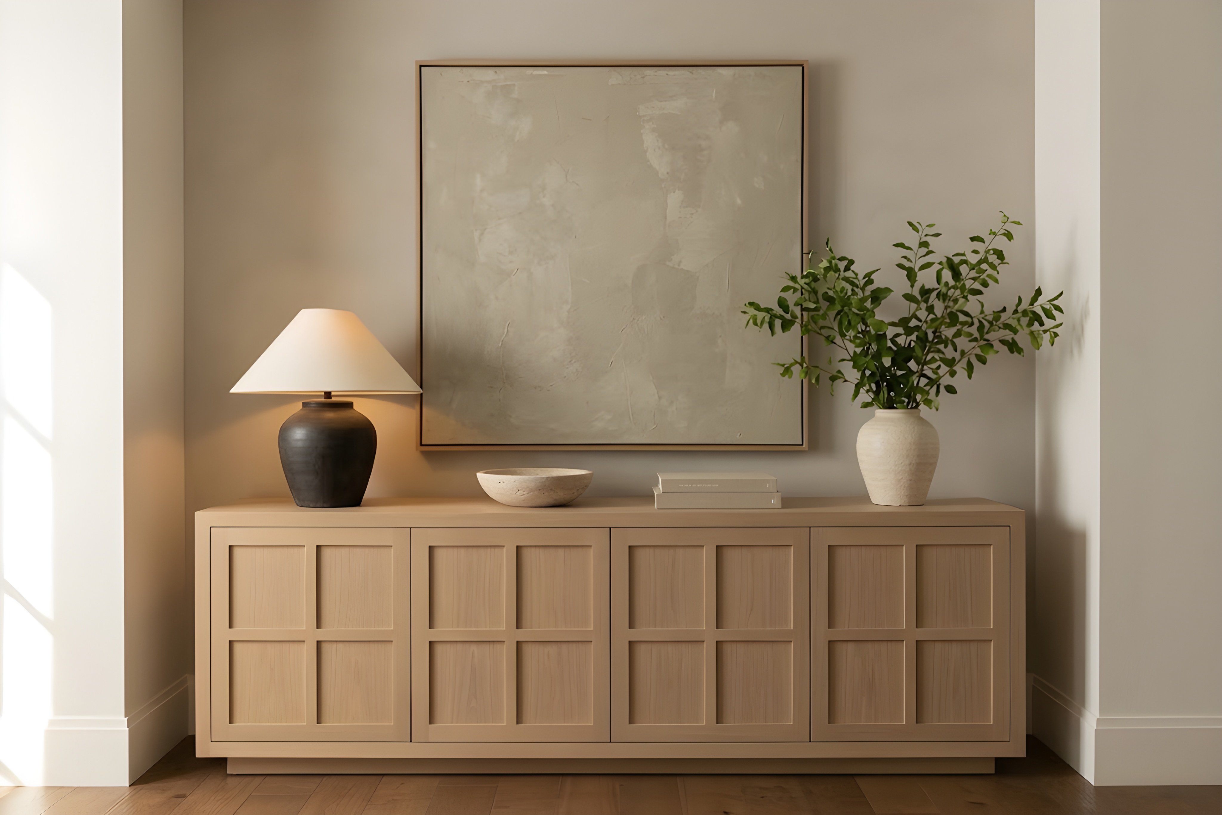 Wood sideboard styled with artwork, lamp, and greenery, part of the Carnes Place project by Chelsey Rain Interiors
