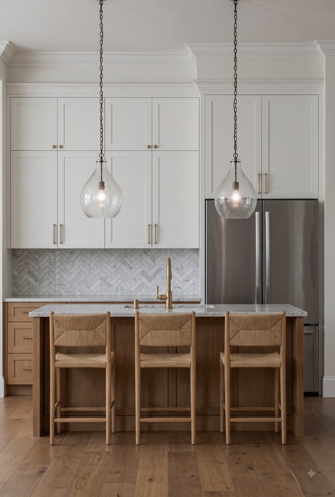 White kitchen with glass dome pendant lights and stainless refrigerator, part of the Poinciana Drive project by Chelsey Rain Interiors