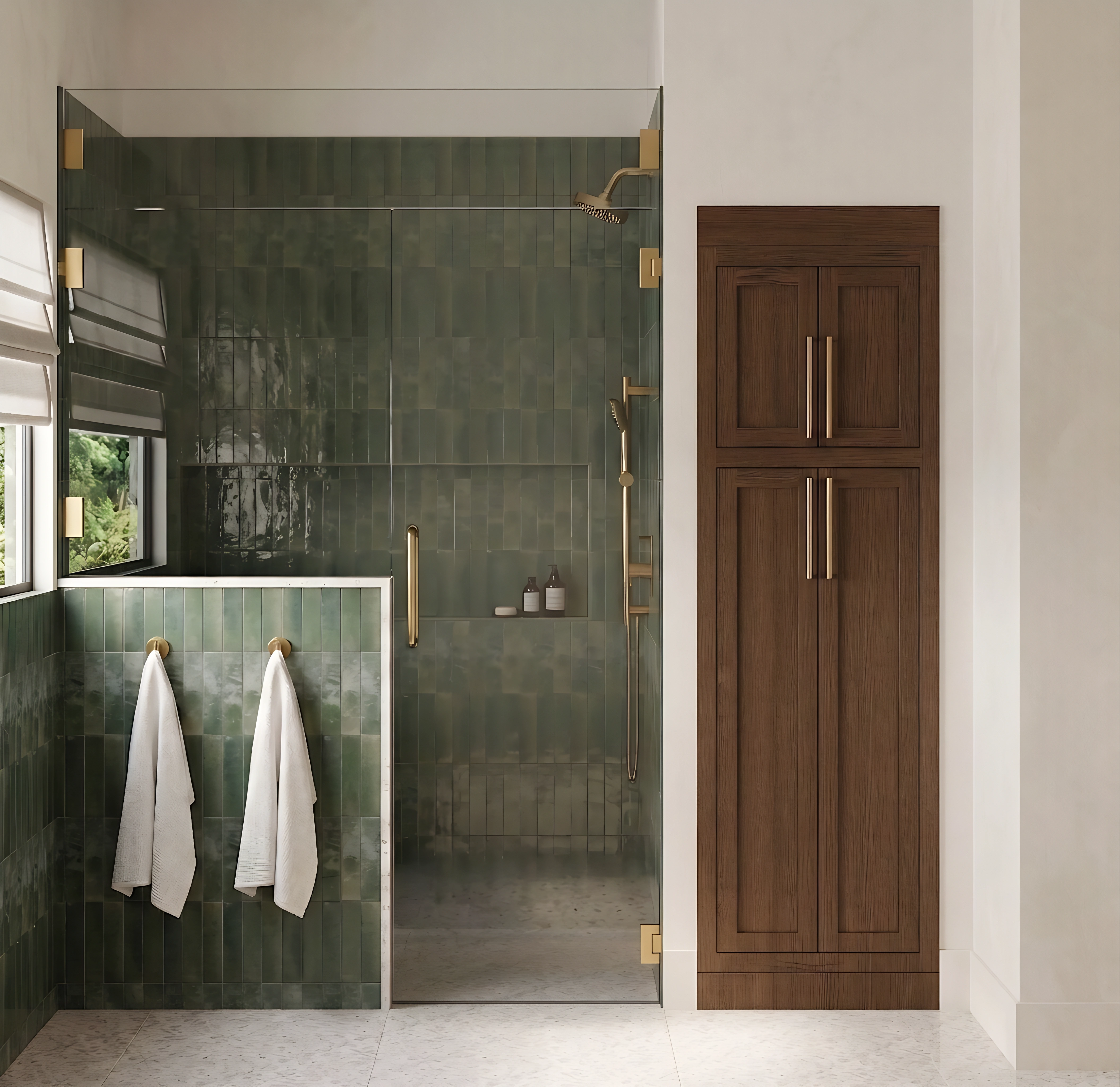 Green tiled walk-in shower with brass fixtures, part of the Mulbry Drive project by Chelsey Rain Interiors